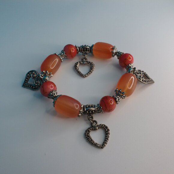 Women's Peach Clear Crystal beaded Bracelet, with little silver hearts - Picture 5 of 5